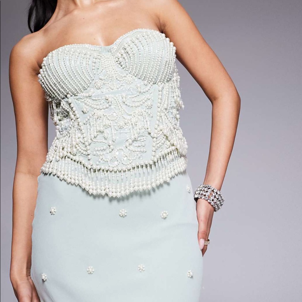 ASOSbandeau midi dress pearl beading sage green